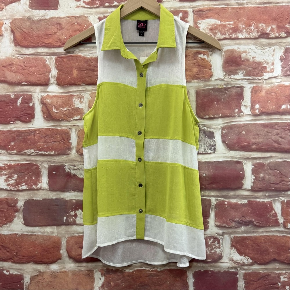 Bebe 2B Top Women's S Green White Color Block Striped Casual Sheer Chiffon Shirt